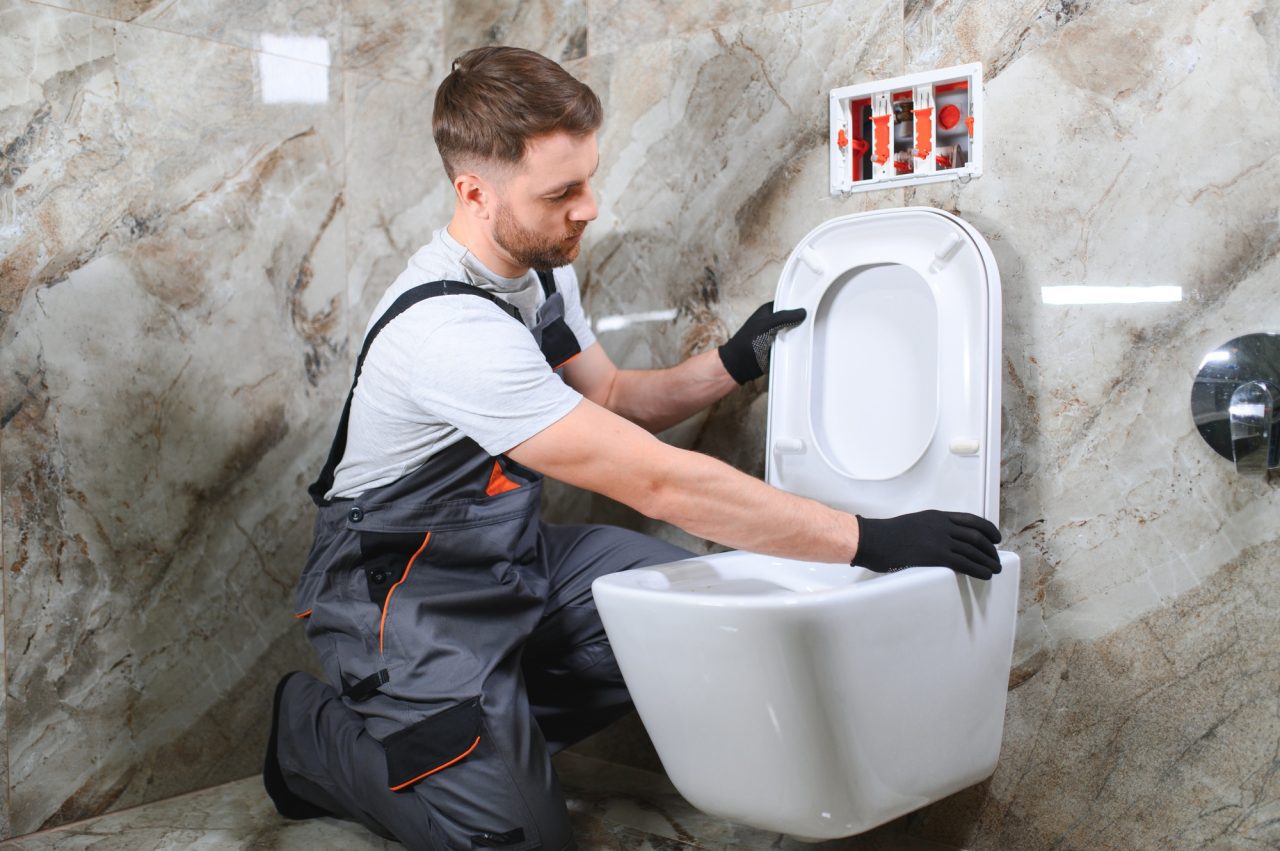 Plumber installing a toilet